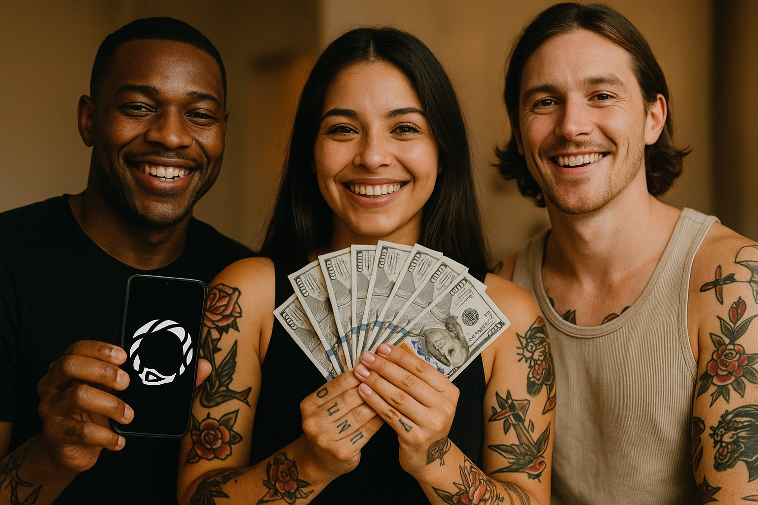 Happy tattooed creators with cash prizes and TatsHub app